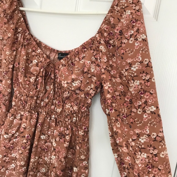 Streetwear Society Sweetheart Neckline Tie Floral Dress S Brown Pink Long Sleeve - Picture 5 of 15